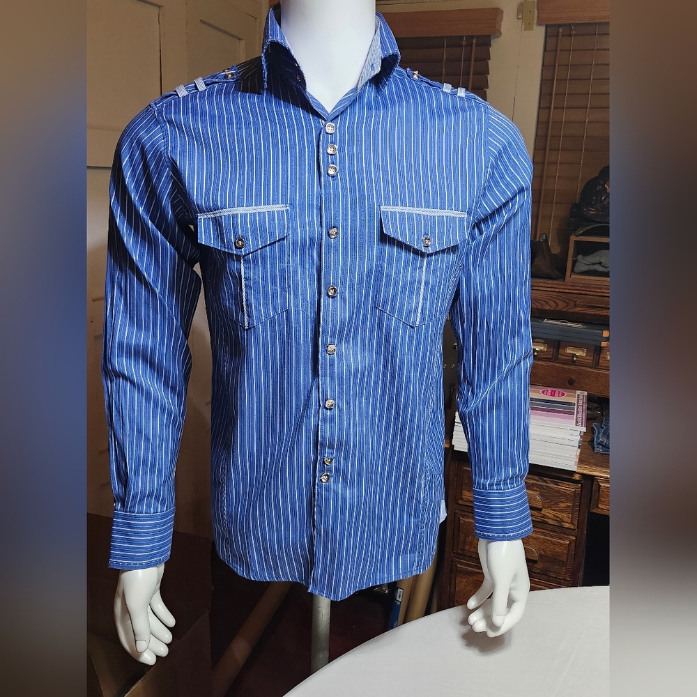 Patroncito Custom Tailored Western Style Shirt In Light Cobalt Blue Men's Size M